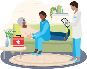 Paramedics provide medical care to an elderly patient at home. Call an ambulance at home. Thank you doctors and nurses for saving lives. Vector illustration. - 553699339