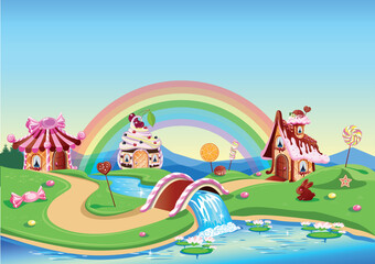 Three sweet houses with chocolate, waffles and cookies, decorated with sweets and a bridge over a river in candy country. Fairy tale background with gingerbread house in cartoon style vector