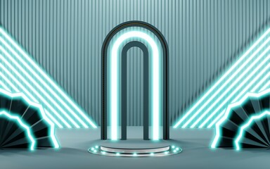 3D render of Podium background in blue tones for displaying cream products. cosmetics