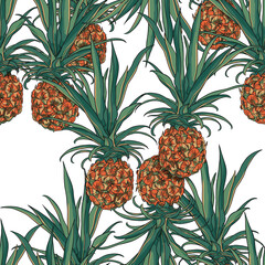 Obraz premium Seamless floral pattern with pineapples on a white background.