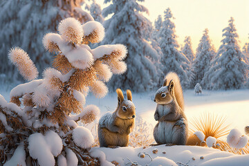 Fluffy squirrels in a fabulous winter forest. Winter wonderland landscape. Digital art - obrazy, fototapety, plakaty