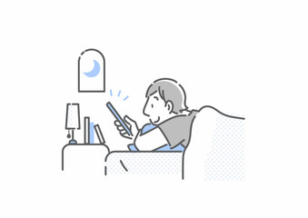 夜にベッドの中でスマホを使う若い男性　シンプルでお洒落な線画イラスト