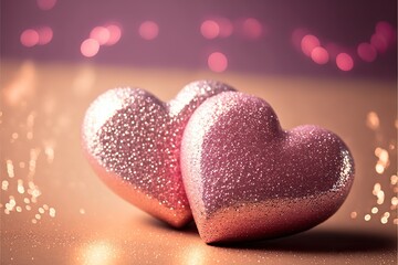 Obraz premium Two hearts on the pink sparkly background. Valentine's day card design. Generative ai. 