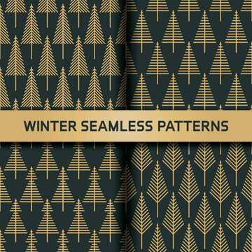 Winter seamless pattern with variety spruce tree in art deco style. CMYK color mode ready to print.