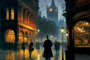 Old European city landscape, night city in the rain painting, historical cityscape, London or Prague street of 19th century