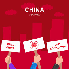 Flat hands holding banners china protests illustration
