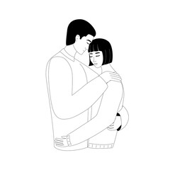 Romantic couple, hug, closed eyes, flat black and white illustration, line art, support, relationship, in love, love, family, Valentine's Day template 