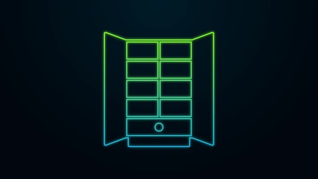 Glowing neon line Wardrobe icon isolated on black background. Cupboard sign. 4K Video motion graphic animation