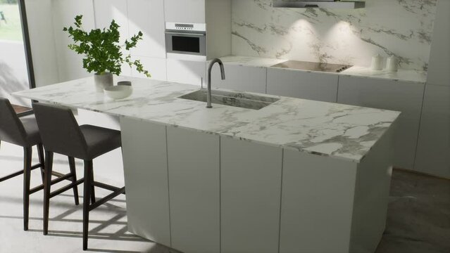 3d video of a modern white kitchen with an island.