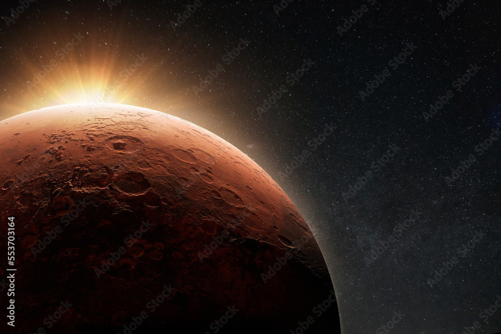 Poster amazing beautiful planet mars with craters in stellar space with the sunrise light.