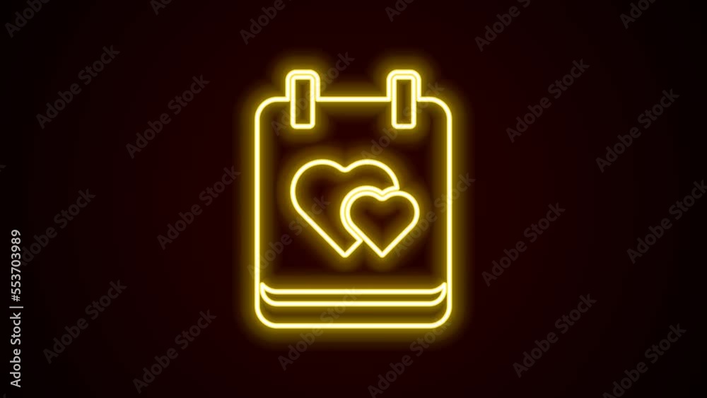 Sticker Glowing neon line Calendar with heart icon isolated on black background. Valentines day. Love symbol. February 14. 4K Video motion graphic animation