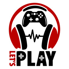 Let's Play shirt design with headphones and gamepad. Perfect gift for gamers.