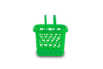 Fototapeta premium Green plastic shopping basket front view isolated on white background with clipping path, reusable grocery basket for supermarket and retail shopping.