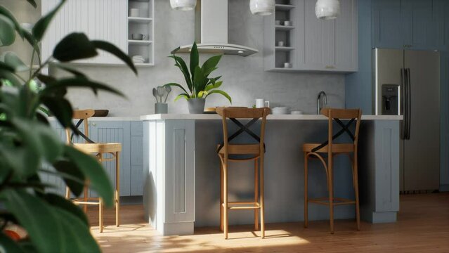 3d animation of a cozy kitchen with blue cabinets and an island. 