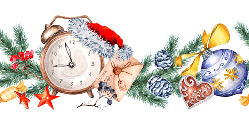 Seamless border with Christmas decorations. Christmas Clock, glass ball, gingerbread, lollipops, cones, fir branches. Symbol of the new year, christmas, winter holidays. Hand-drawn watercolor.