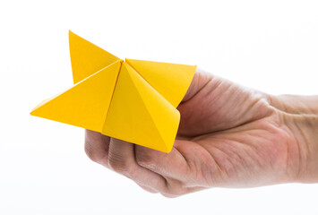 People hand holding a origami fortune on white background