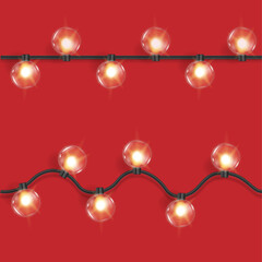 Christmas shining garland. Realistic 3d design light effect. New year decorative element multicolored lamps. colored Neon bulb Xmas holiday decor. Vector