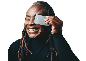 Happy woman with a credit card in her hand isolated on a transparent background