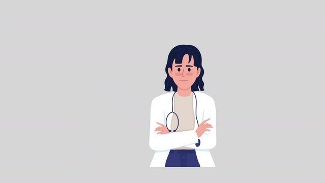 Animated female doctor character. Warning medic. Make diagnosis. Full body flat person on grey background with alpha channel transparency. Colorful cartoon style HD video footage for animation