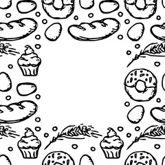 seamless food pattern with place for text. Colored doodle vector with food icons. Vintage food icons