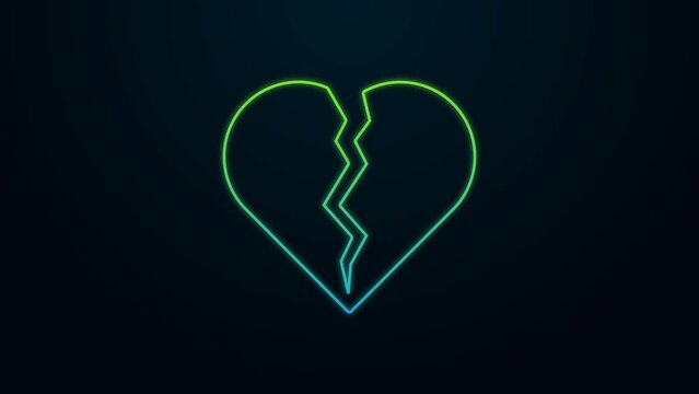 Glowing neon line Broken heart or divorce icon isolated on black background. Love symbol. Happy Valentines day. 4K Video motion graphic animation