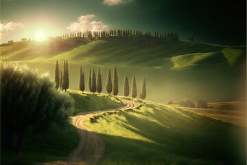 Tuscany landscape panorama at sunrise. Italy travel, AI Generative
