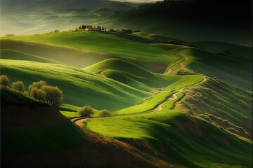 Tuscany landscape panorama at sunrise. Italy travel, AI Generative