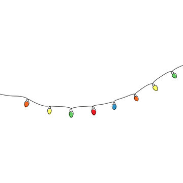 Christmas lights. Christmas tree decoration. Colorful lights and garlands. Decoration for Christmas and New Year. One light illustration. Single line. 