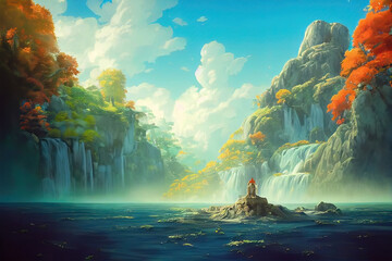 Obraz premium tropical island in the sea with waterfall