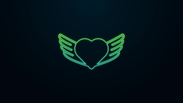 Glowing neon line Heart with wings icon isolated on black background. Love symbol. Happy Valentines day. 4K Video motion graphic animation