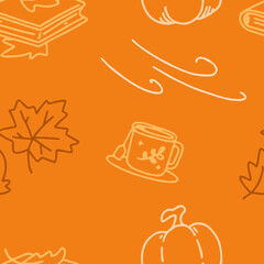 Vector colorful autumn natural seamless pattern with fall leaves and pumpkins. Fall endless background.