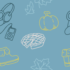 Vector colorful autumn natural seamless pattern with fall leaves and pumpkins. Fall endless background.