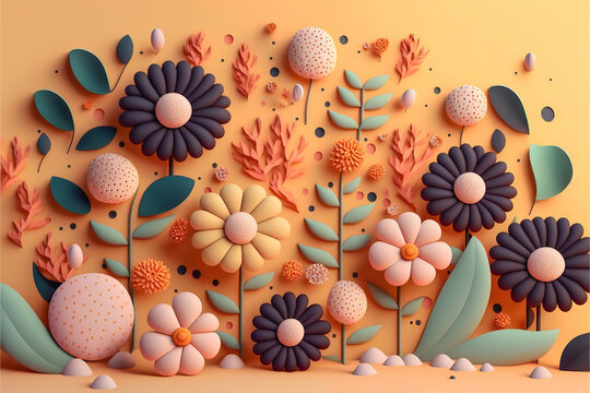 3d floral craft wallpaper. orange, rose, green and yellow flowers in light background. for kids room wall decor