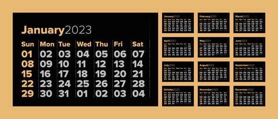 Modern Monthly Calendar Template For 2023 Year. Wall Calendar In A Minimalist Style With Orange Dates. Big Dates On Black Background. Week Starts On Sunday.