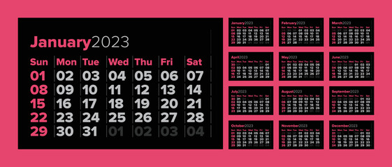 2023 Calendar Template With Big Dates On Black Dark Background. Simple And Minimal Design. Calendar Design Concept With Easy And Clear To Read Theme. Set Of 12 Months 2023 Pages. Week Starts On Sunday
