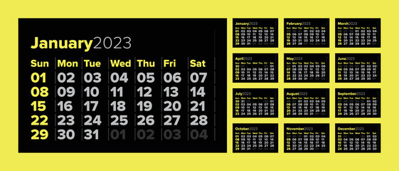 Wall quarterly calendar template for 2023 in a modern minimalist style. Week starts on Sunday. Set of 12 months. Corporate Template. Horizontal format big dates on dark background