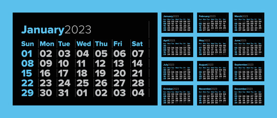 Set Of 2023 Calendar Template With Big Dates On Dark Background. Vector Layout Of A Wall Or Desk Simple Calendar With Week Start Sunday. Calendar Grid In Blue Color For Print