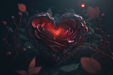 Dark red rose in a heart shape, bokeh background. Valentines day wallpaper. Generative ai.