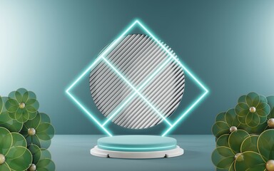 3D render of Podium background in blue tones for displaying cream products. cosmetics