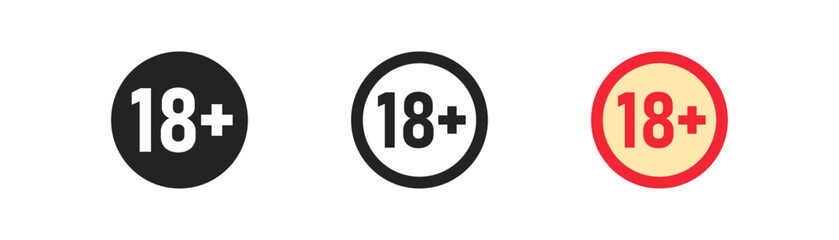 Under eighteen years prohibition iconon white background. Adults only warning concept. Age limit 18+ symbol. Over eighteen rated. Colored flat design.
