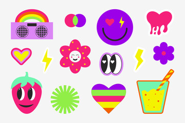 Collection of cute stickers. Funky, hipster stickers. y2k style.