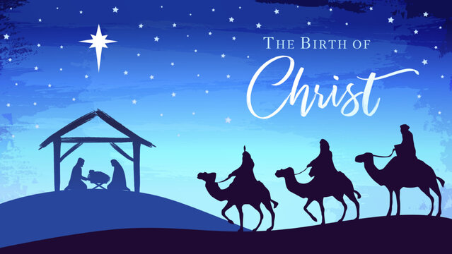Nativity scene with Bethlehem star, Jesus in manger and wise men. Holy family with The birth of Christ calligraphy. Vector illustration Mary, Joseph and three kings
