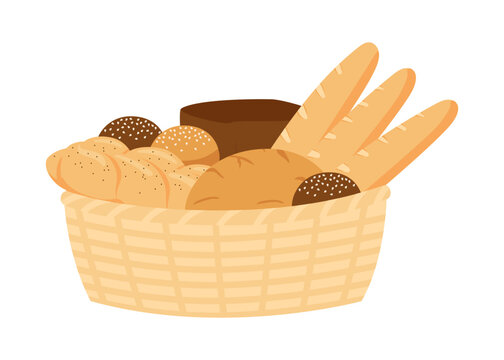 Wicker basket with pastry bread from wheat, whole grain and rye, bakery food, bun. Loaf, bread brick, toast bread, french baguette, challah. Vector illustration