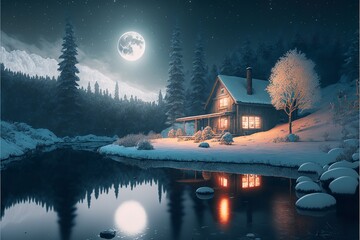 Christmas house and Winter  background with moon reflect.