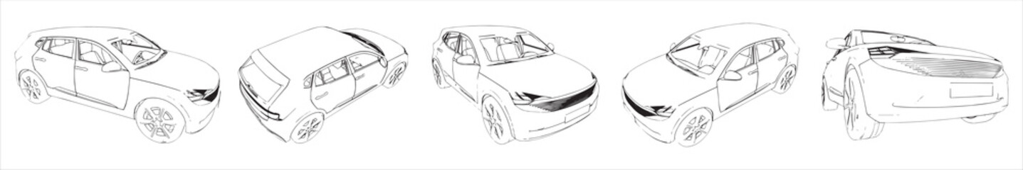 Vector conceptual set or collection of an urban car sketches from different perspectives as a metaphor for transportation and travel, independence, flexibility and freedom, privacy and safety