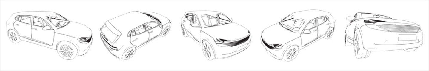 Vector conceptual set or collection of an urban car sketches from different perspectives as a metaphor for transportation and travel, independence, flexibility and freedom, privacy and safety © high_resolution