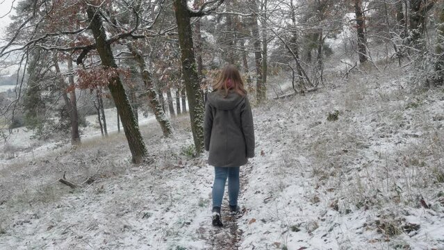 Slow Motion Static Shot of Woman Walking Through a Snow Covered Pin Forest on a Cold Winters Day