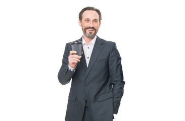 Happy smiling business man businessman boss in formal business suit drinking coffee, business