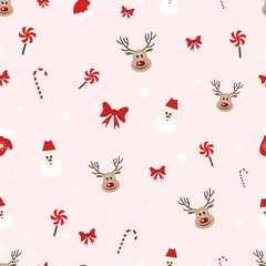 A set of Christmas stickers on a pink background, a beautiful festive print. Pattern with holiday vector pattern, santa, red bow, deer, packing, candy, snow, background, postcard