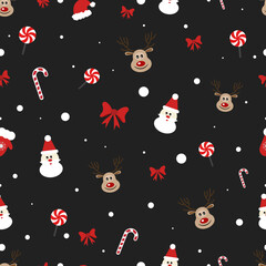 Beautiful Christmas pattern, Santa Claus, red bow, deer on a dark background. Beautiful festive recurring background, candy, Christmas item set, stickers, red bow, packaging, print